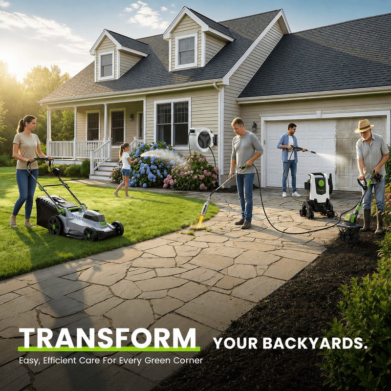 Homeowners using Etoolab lawn mower, pressure washer, weed torch and cordless tiller around a suburban house